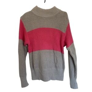 St Johns Bay Mock Neck‎ Color Block Pullover Knit Sweater Pink Gray M